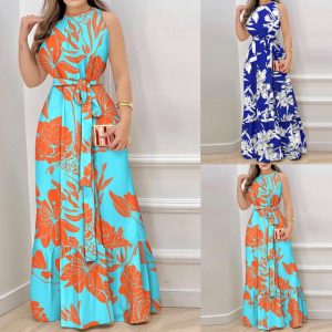 2023 New Boho Dresses for Women Plants Print Sleeveless O Neck Maxi Dress Vestidos De Mujer Casual Elegant Female Dress